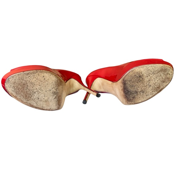 Jimmy Choo London Red Patent Leather Peep Toe Pumps 5” Spike Heels Size 38.5 EU - Picture 9 of 11